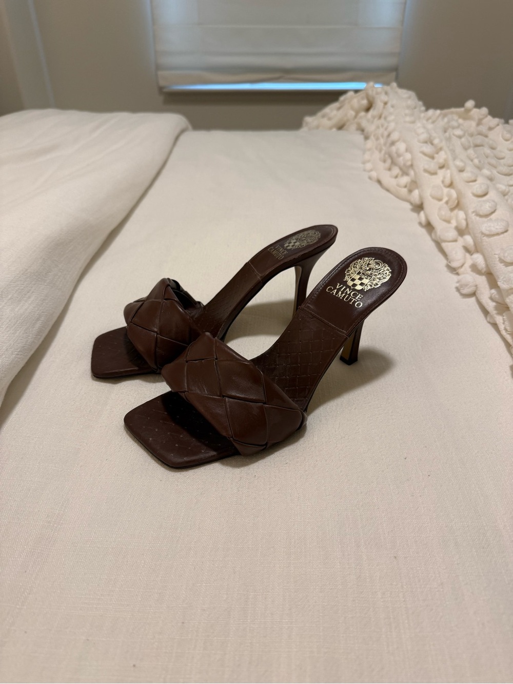Vince Camuto Dark Brown Woven Leather Slide Heels